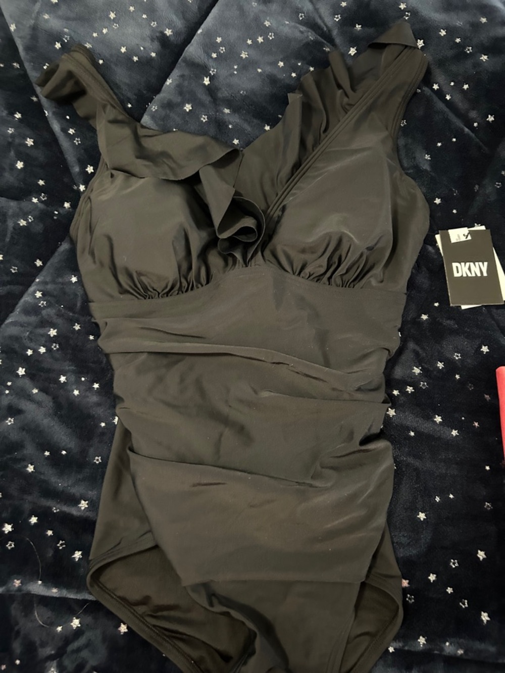 DKNY Black One-Piece Swimsuit with Ruffle Detail